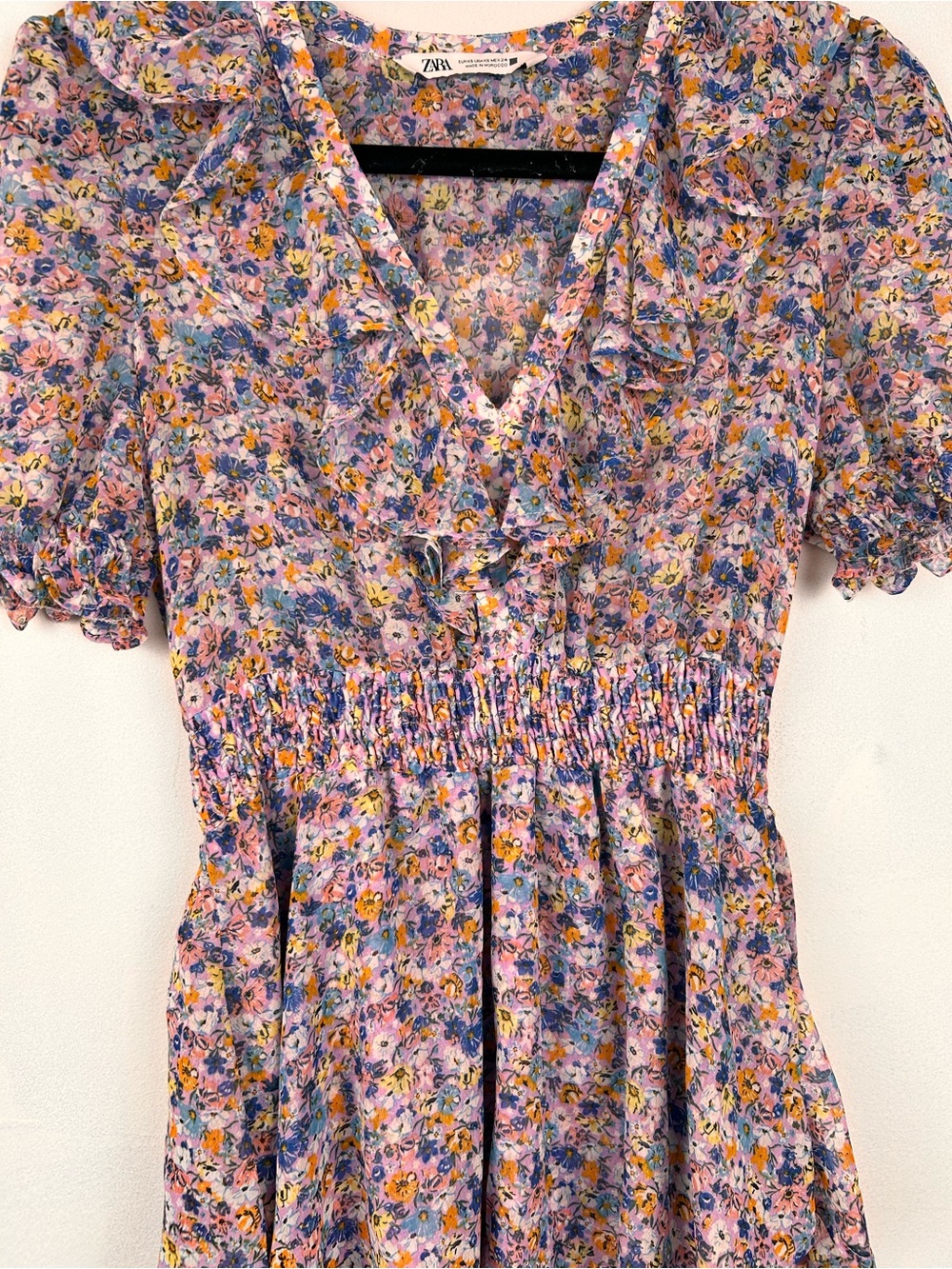 Zara Floral Ruffle V-Neck Mini Dress, XS tiered skirt smocked Pretty Western - Picture 10 of 14